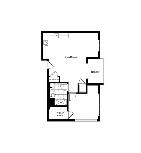 Floor plan for 1 bed, 1 bath, 711 sqft